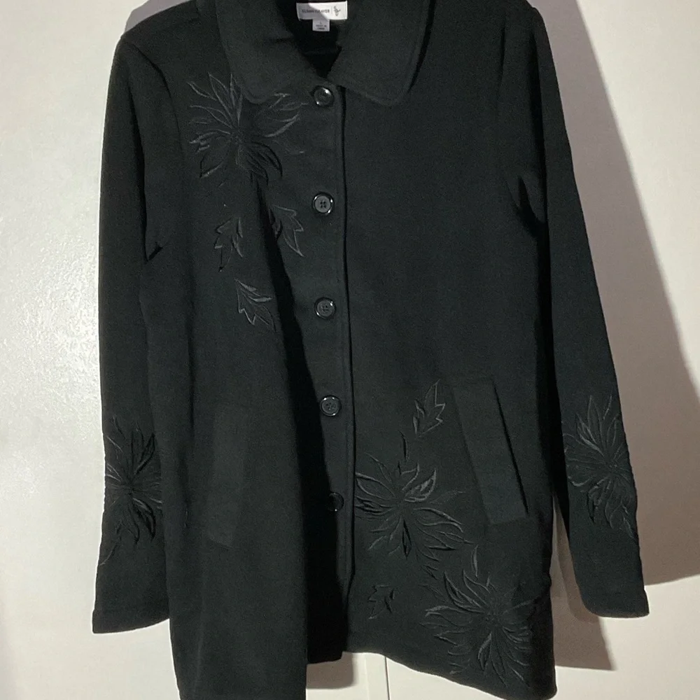 Susan Graver Black Button up Coat with floral embroidery - Picture 1 of 7